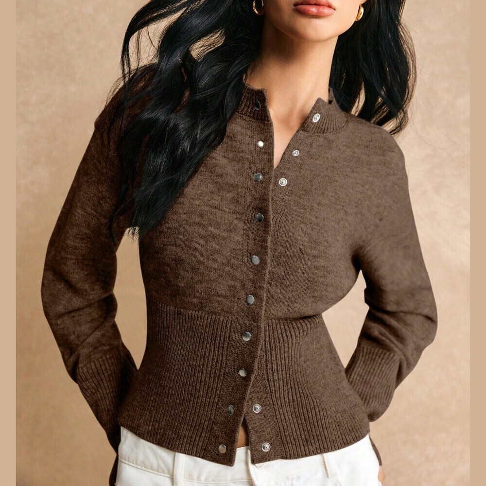 Brown Heathered Knit Snap Button Ribbed Waist Hem Slim Cardigan